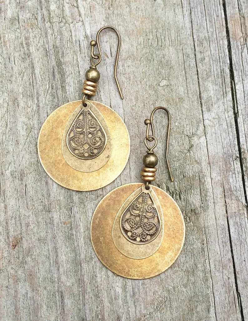 Brass Bohemian Earrings with Filigree Teardrop