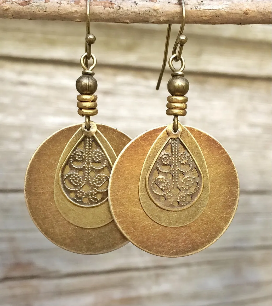 Brass Bohemian Earrings with Filigree Teardrop