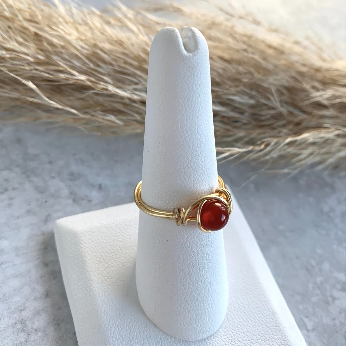 Carnelian Genie Wire Wrapped Ring Brass