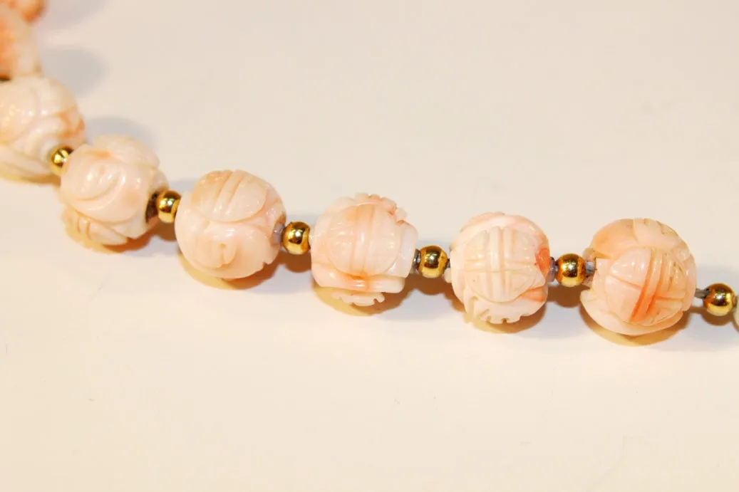 Carved Coral and Gold Beaded Necklace