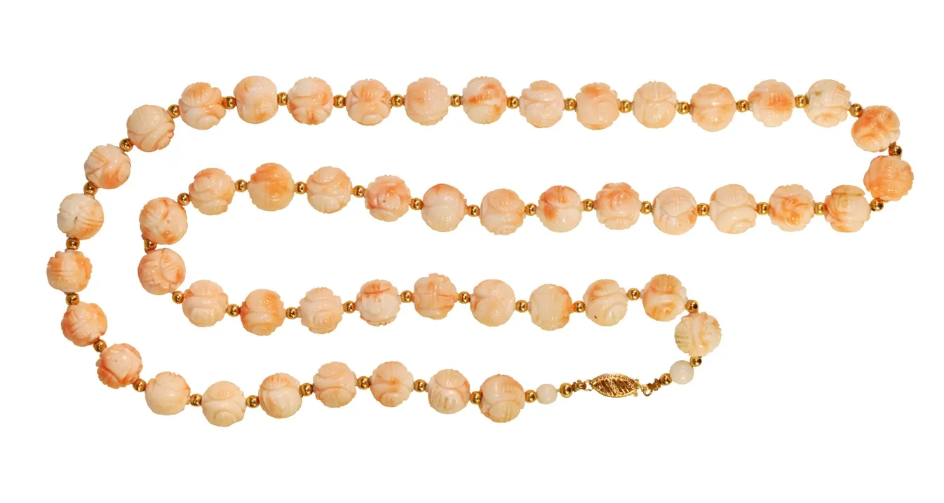 Carved Coral and Gold Beaded Necklace