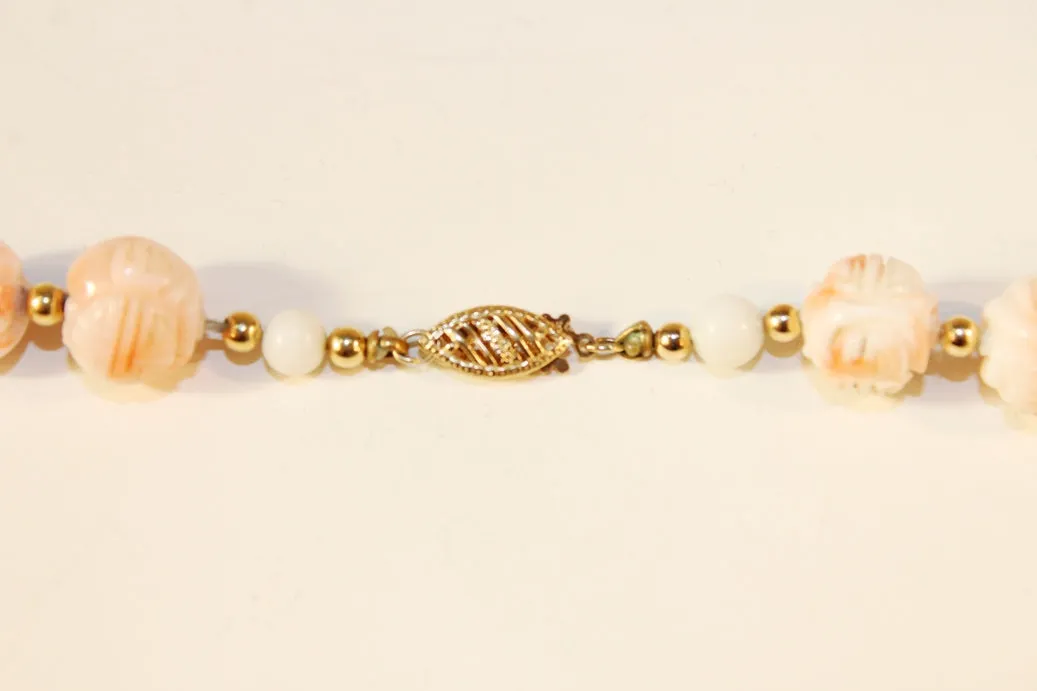 Carved Coral and Gold Beaded Necklace