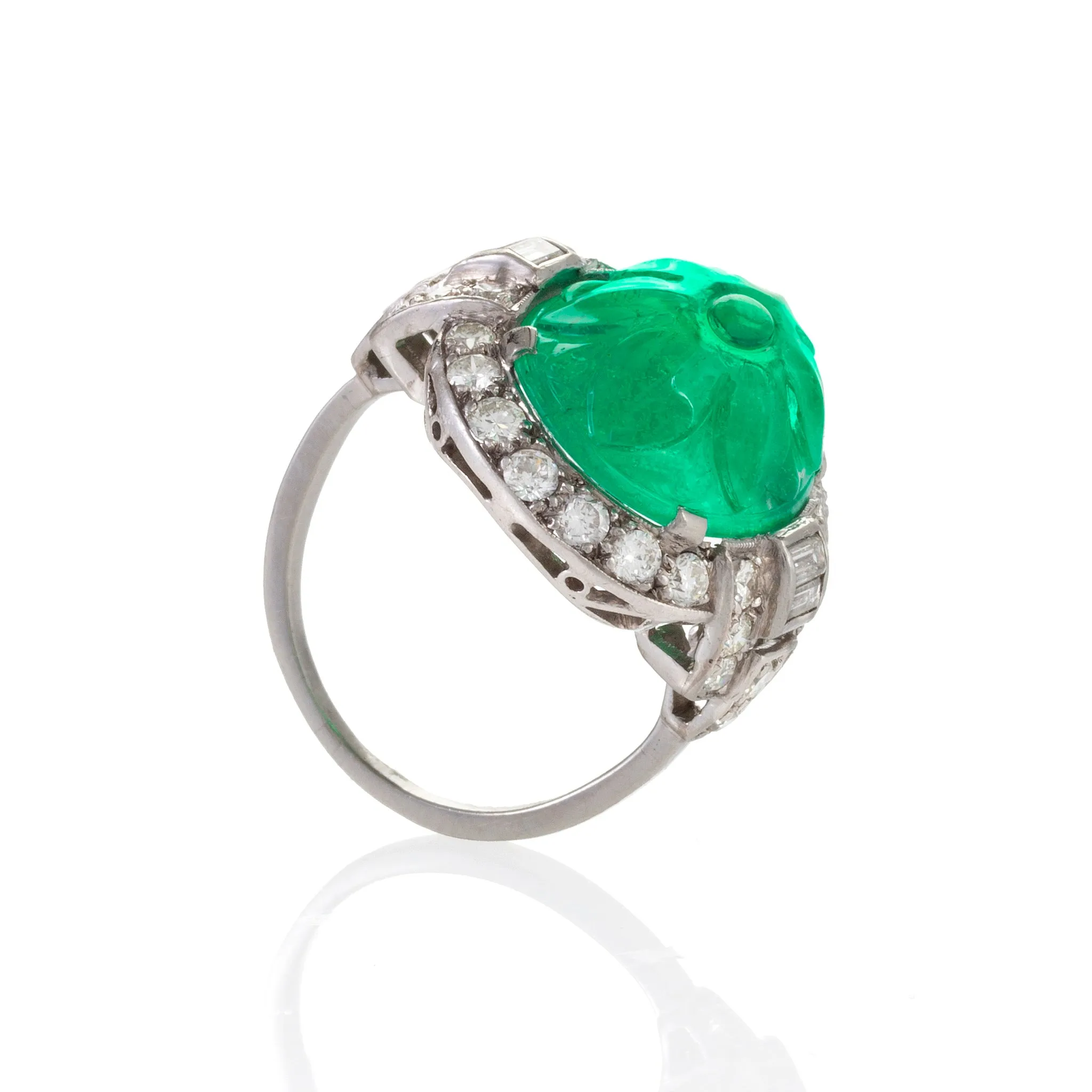 Carved Emerald and Diamond Ring