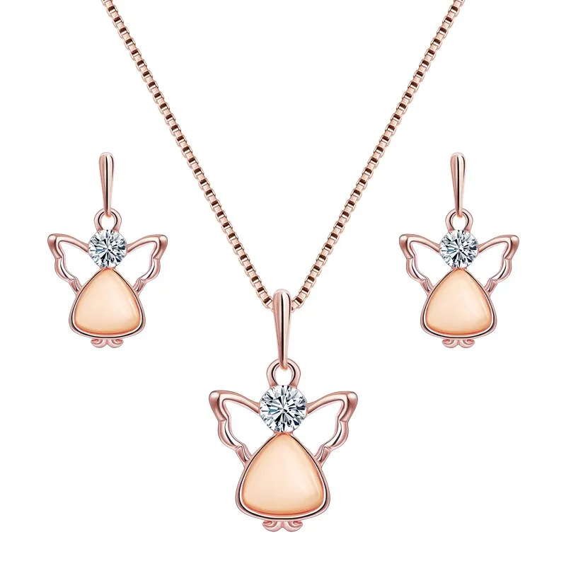 Champagne Natural Stone Angel Shape and Cubic Zirconia Necklace & Earrings Jewelry Set