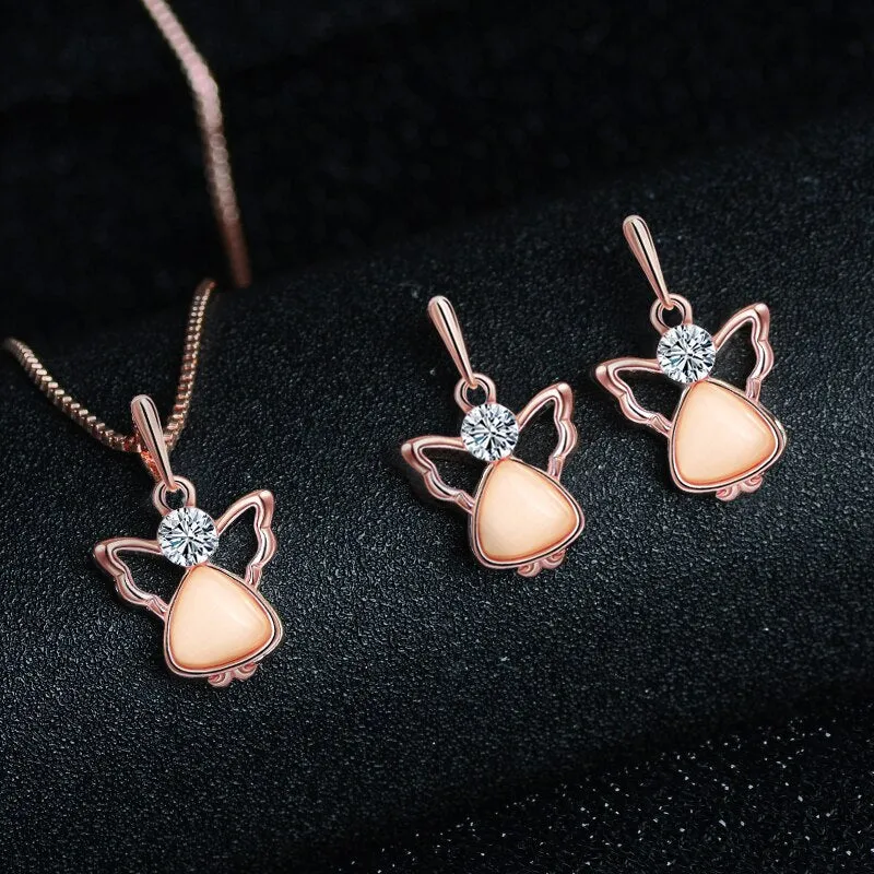 Champagne Natural Stone Angel Shape and Cubic Zirconia Necklace & Earrings Jewelry Set