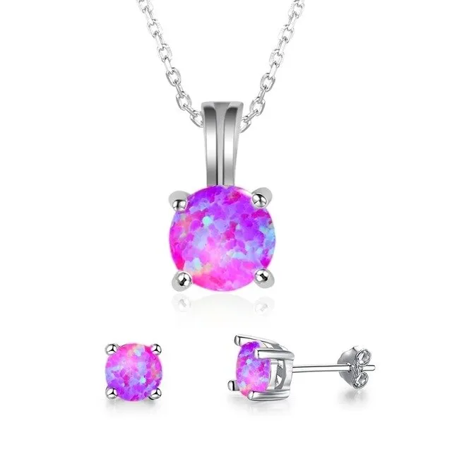 Cute Round Fire Opal Necklace & Stud Earrings Trendy Fashion Jewelry Set