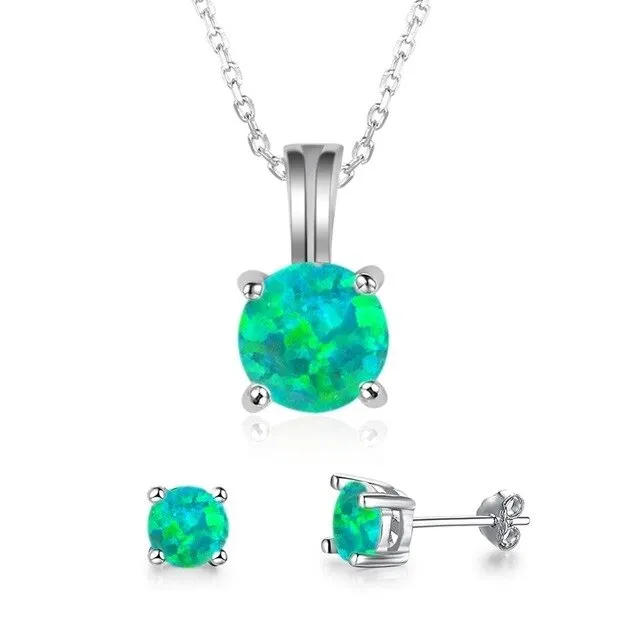 Cute Round Fire Opal Necklace & Stud Earrings Trendy Fashion Jewelry Set