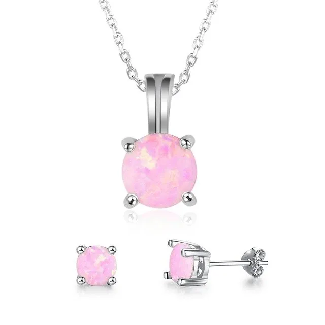 Cute Round Fire Opal Necklace & Stud Earrings Trendy Fashion Jewelry Set