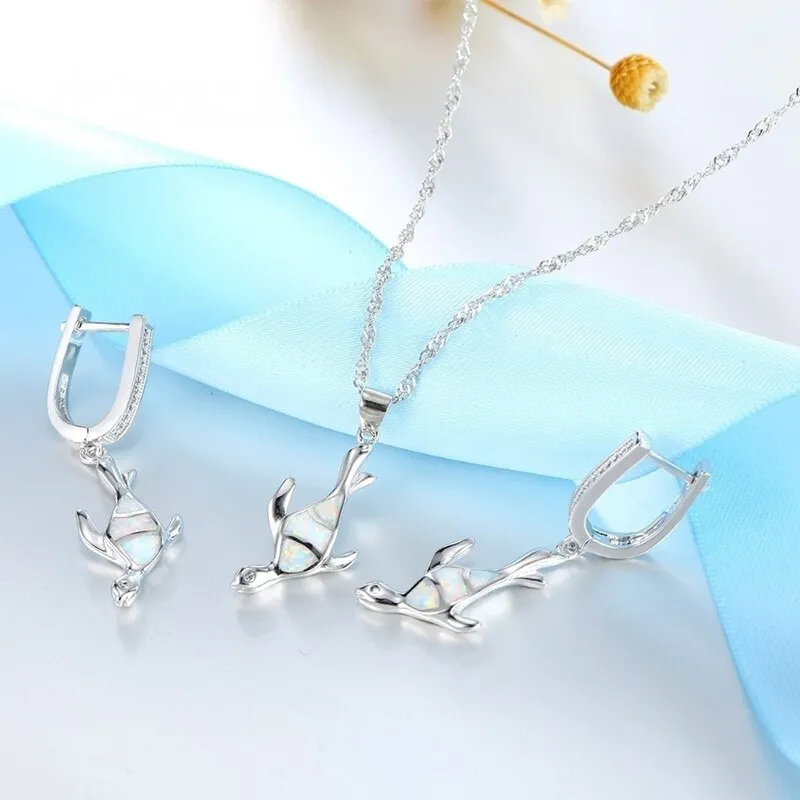 Cute Sea Turtle Fire Opal Necklace & Earrings Classic Fashion Jewelry Set