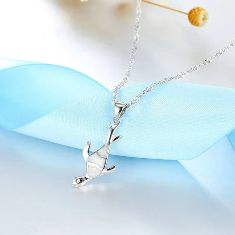 Cute Sea Turtle Fire Opal Necklace & Earrings Classic Fashion Jewelry Set