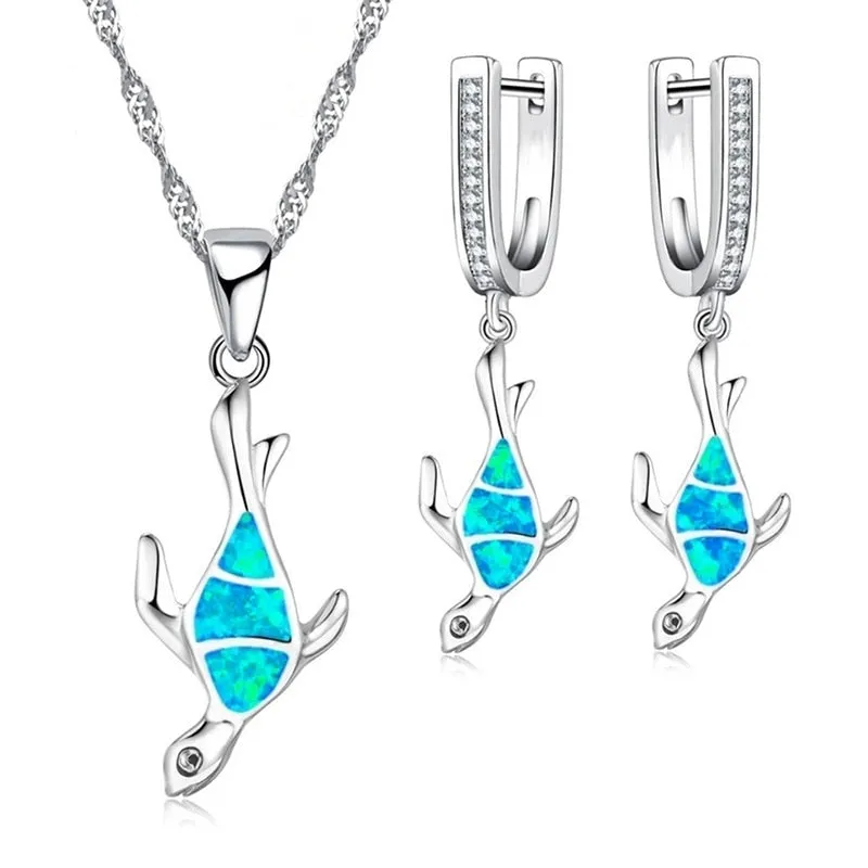 Cute Sea Turtle Fire Opal Necklace & Earrings Classic Fashion Jewelry Set