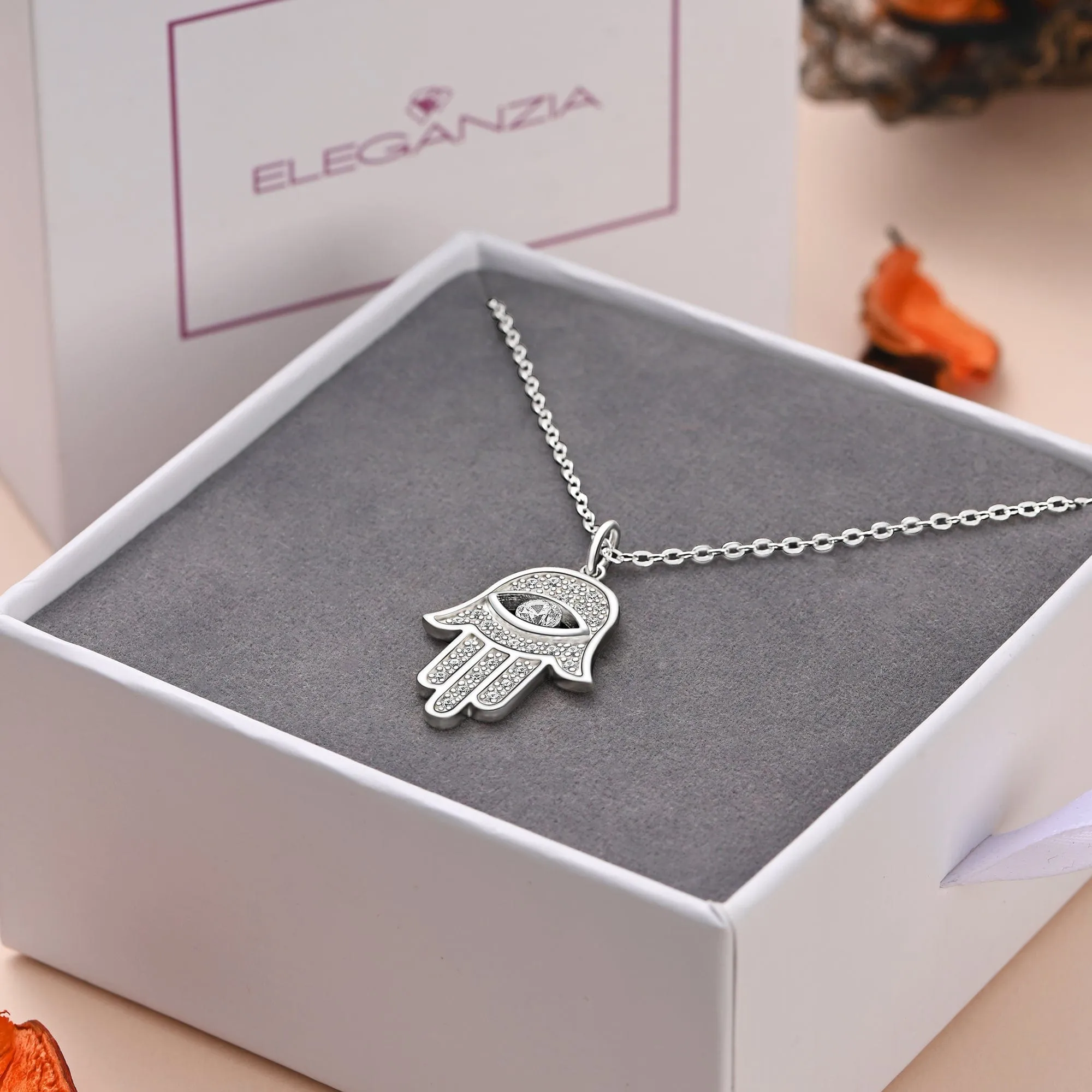 CZ Hamsa Hand Necklace Sterling Silver