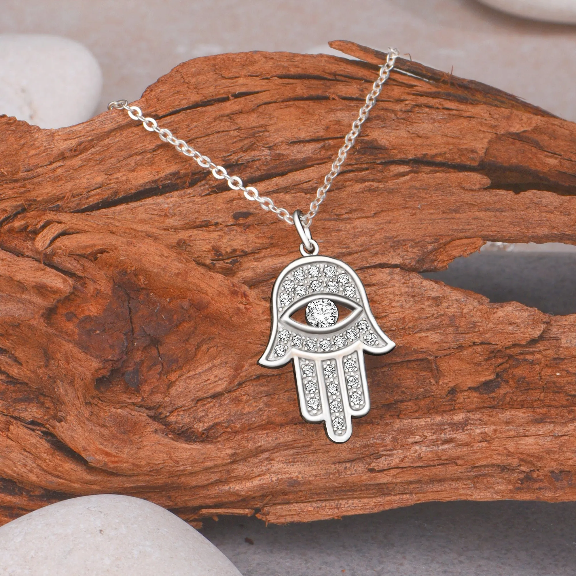 CZ Hamsa Hand Necklace Sterling Silver