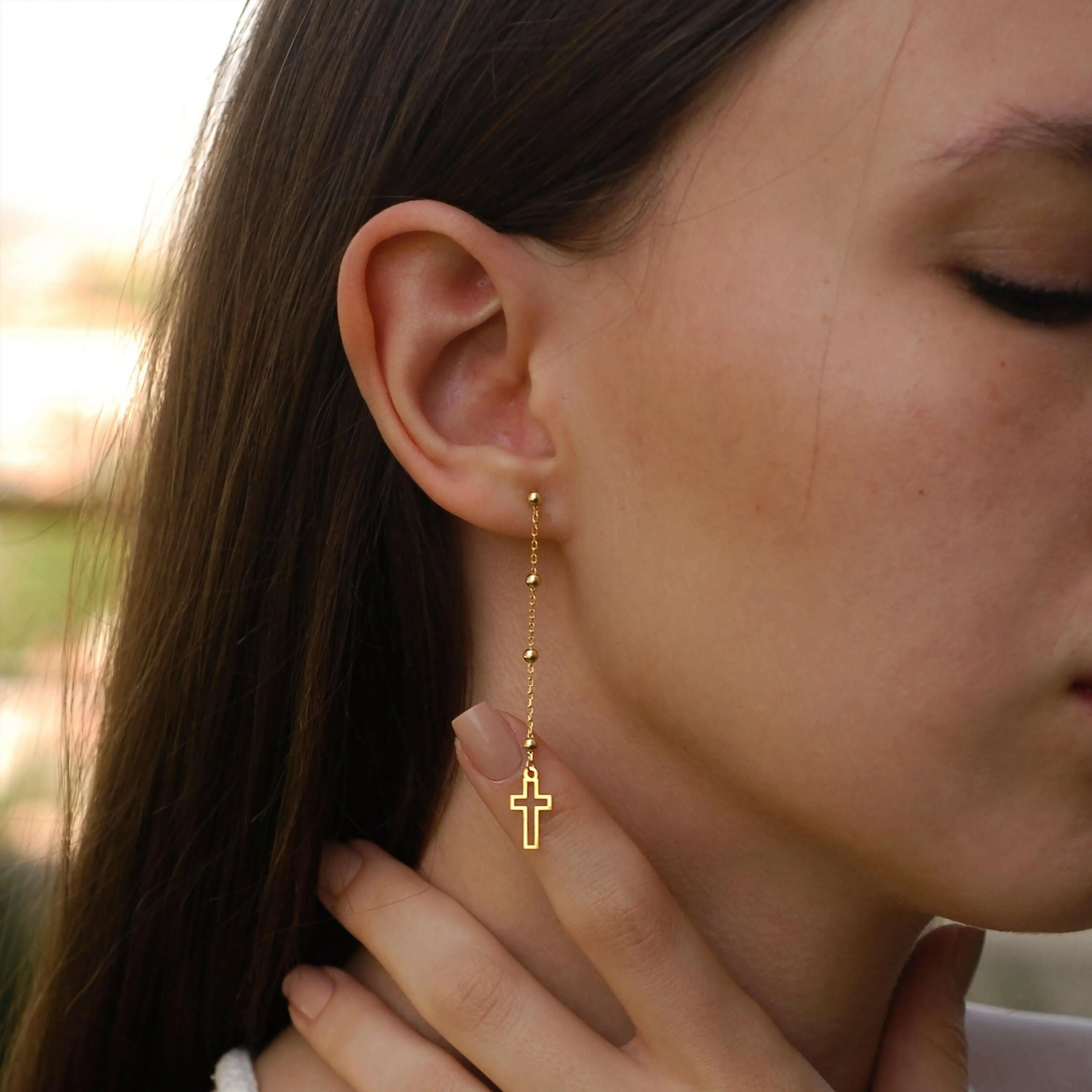 Dangle Cross Earrings | 14K Solid Gold