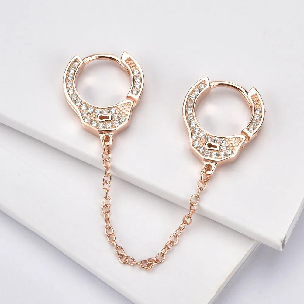 Double-Sided Cubic Zirconia Handcuffs 925 Sterling Silver Link Chain Loop Earrings