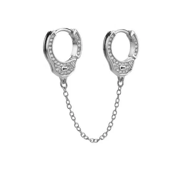 Double-Sided Cubic Zirconia Handcuffs 925 Sterling Silver Link Chain Loop Earrings