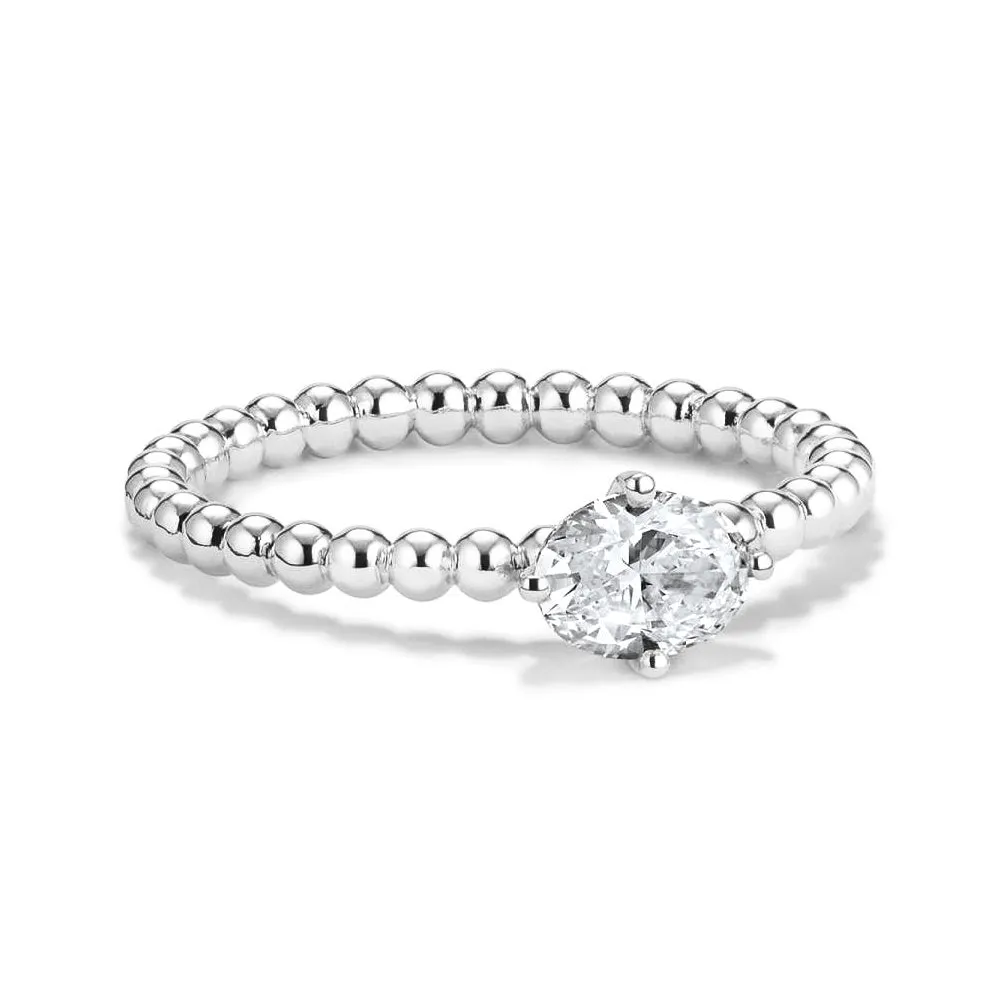 East-West Oval Shaped Lab Grown Diamond Ring With Beaded Band