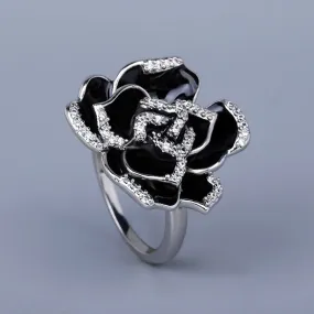 Elegant Unique Black Enamel Flower Ring - 925 Sterling Silver