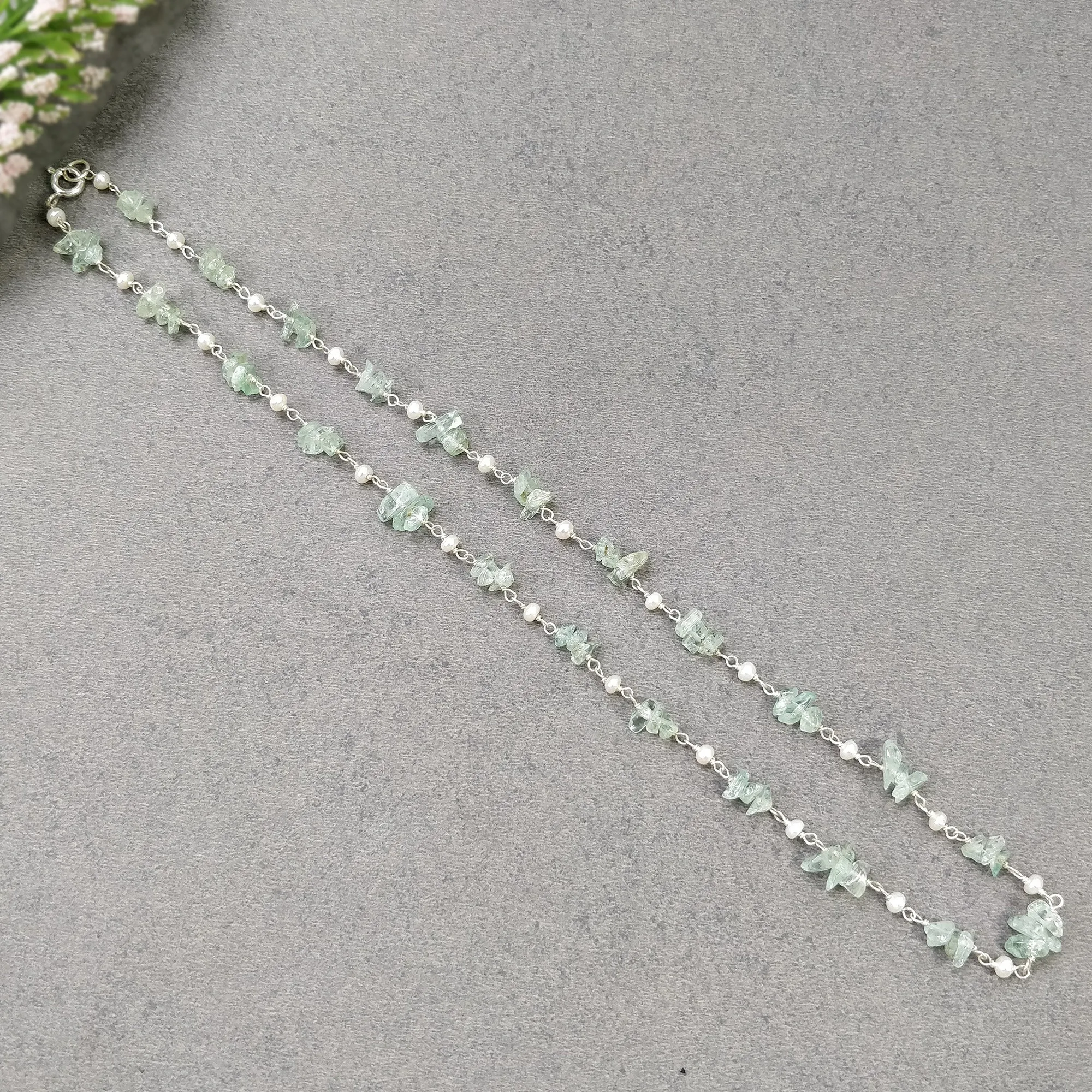 EMERALD & PEARL Gemstones Raw Uncut Beads : 925 Sterling Silver Natural Emerald Pearl Chain NECKLACE 17" Statement  Gift For Her