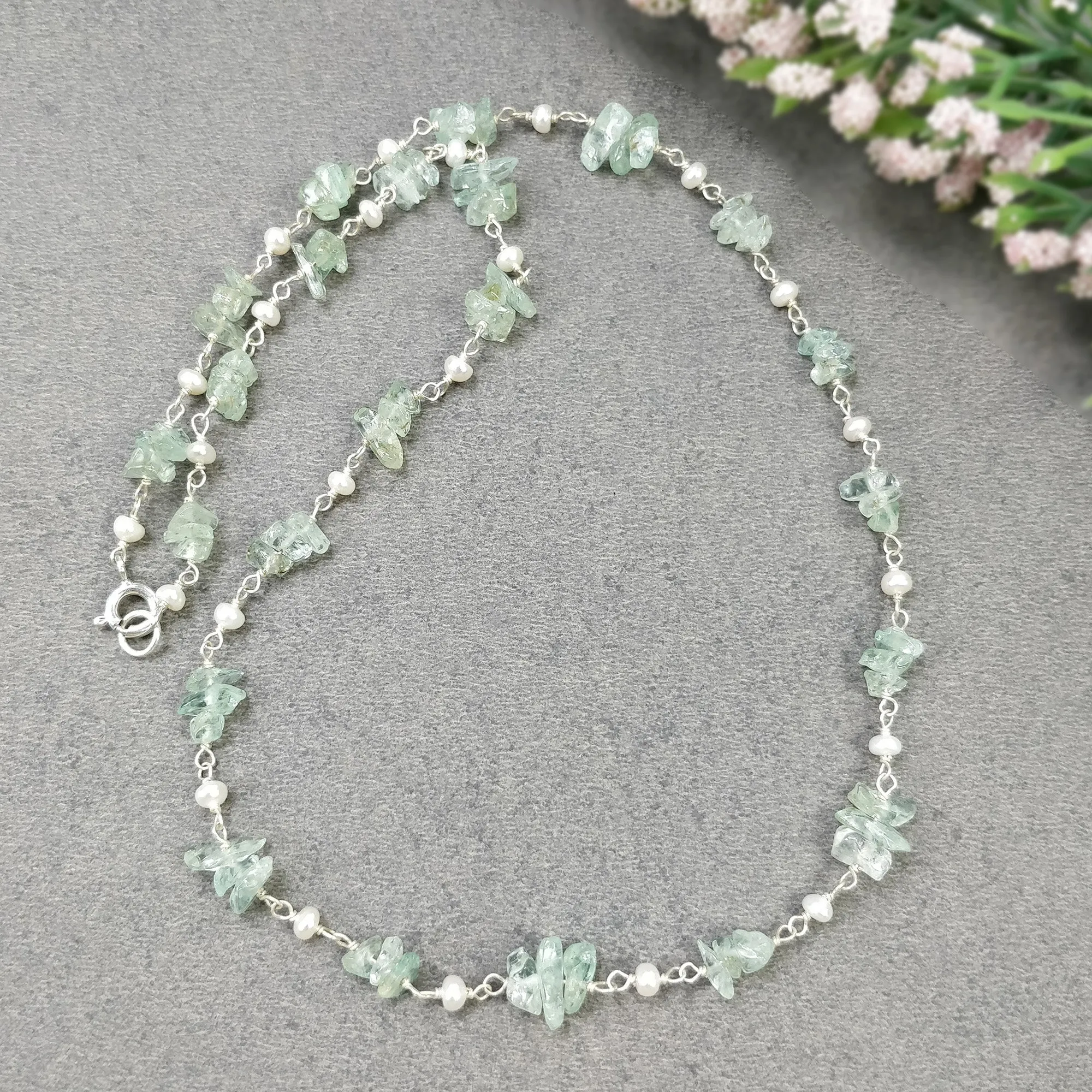 EMERALD & PEARL Gemstones Raw Uncut Beads : 925 Sterling Silver Natural Emerald Pearl Chain NECKLACE 17" Statement  Gift For Her