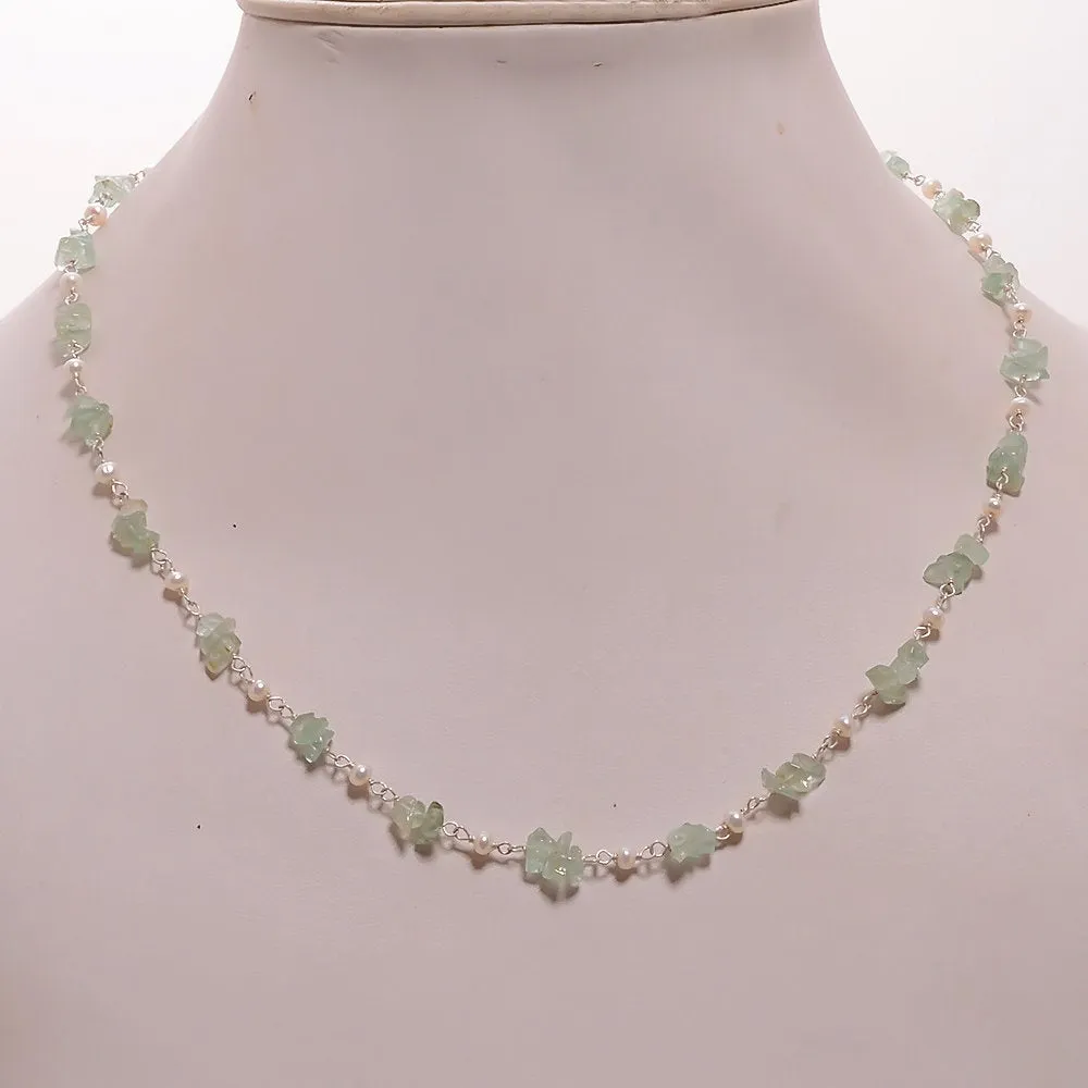 EMERALD & PEARL Gemstones Raw Uncut Beads : 925 Sterling Silver Natural Emerald Pearl Chain NECKLACE 17" Statement  Gift For Her