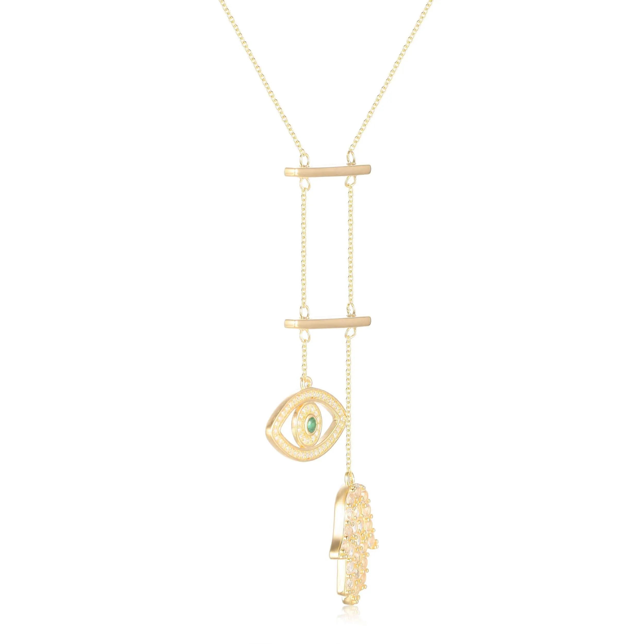 Emerald Evil Eye and Hamsa Necklace