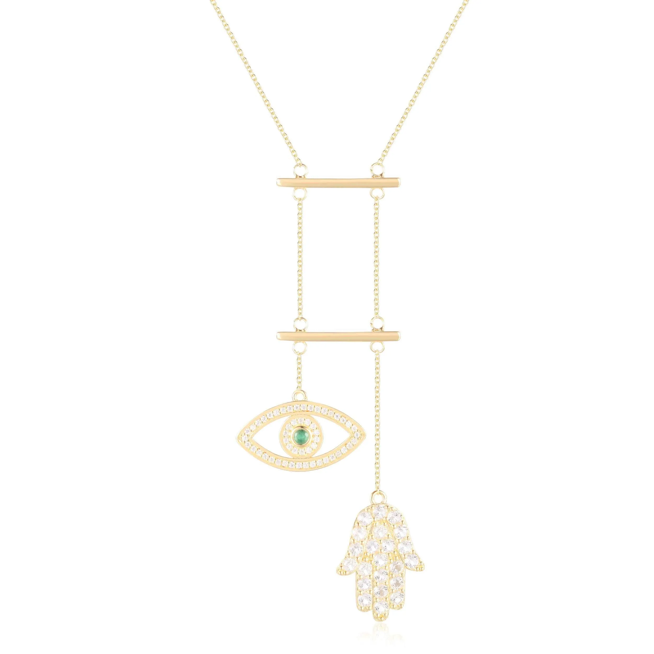 Emerald Evil Eye and Hamsa Necklace