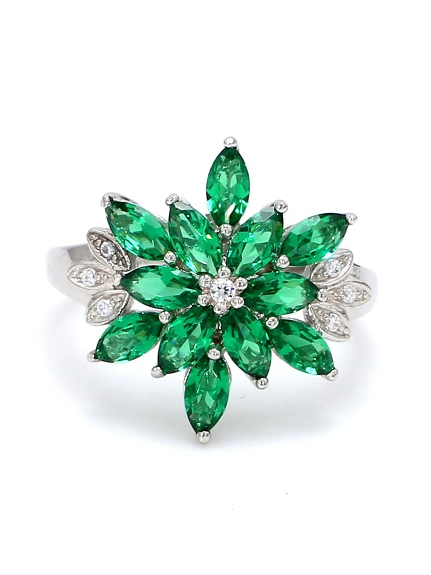 Emerald Flower Ring In Silver