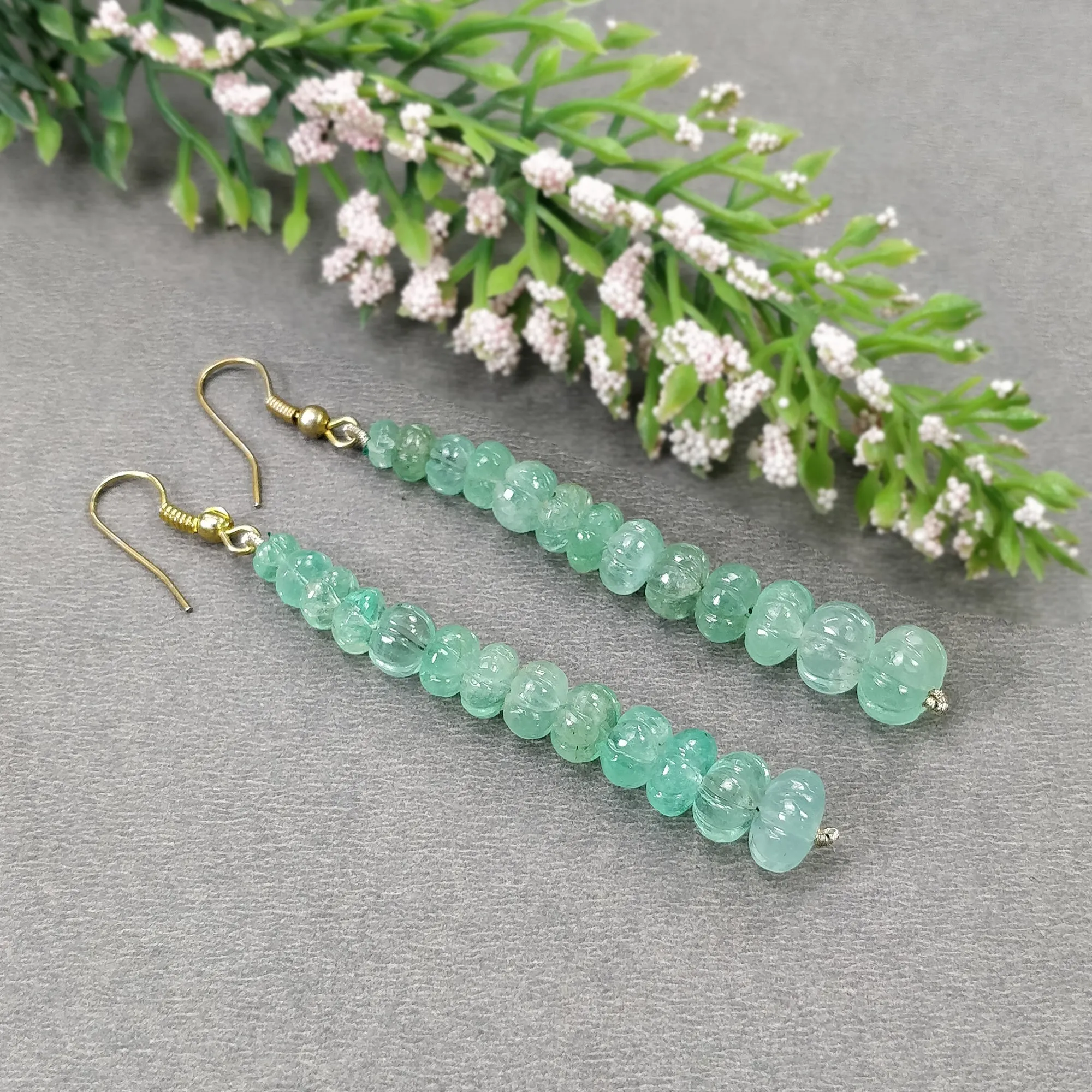 EMERALD Gemstone 925 Sterling Silver Beaded Earrings : 43.50gms Natural Untreated Emerald Melon Beads Hook Earrings 3.15"