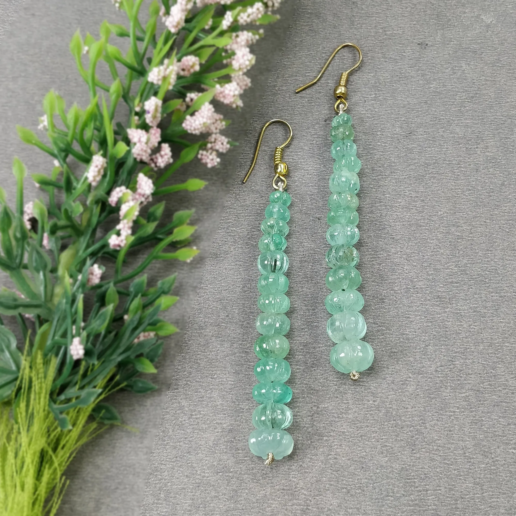 EMERALD Gemstone 925 Sterling Silver Beaded Earrings : 43.50gms Natural Untreated Emerald Melon Beads Hook Earrings 3.15"