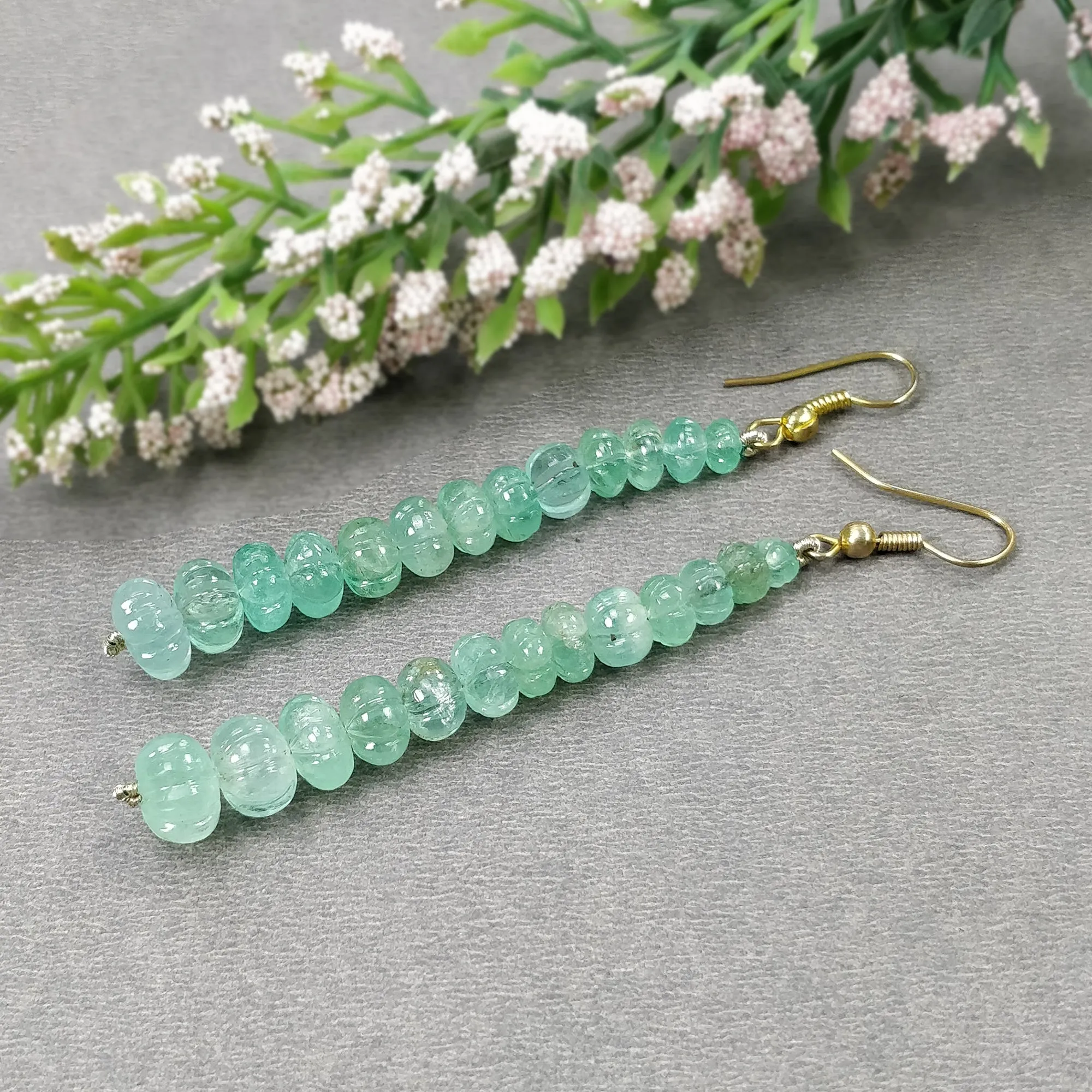 EMERALD Gemstone 925 Sterling Silver Beaded Earrings : 43.50gms Natural Untreated Emerald Melon Beads Hook Earrings 3.15"