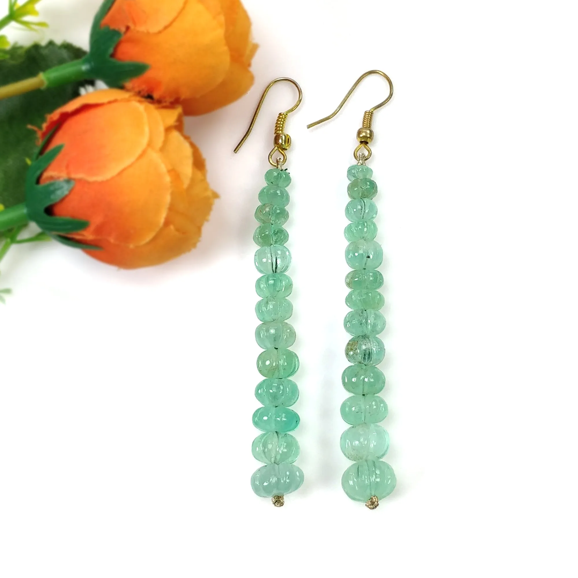 EMERALD Gemstone 925 Sterling Silver Beaded Earrings : 43.50gms Natural Untreated Emerald Melon Beads Hook Earrings 3.15"