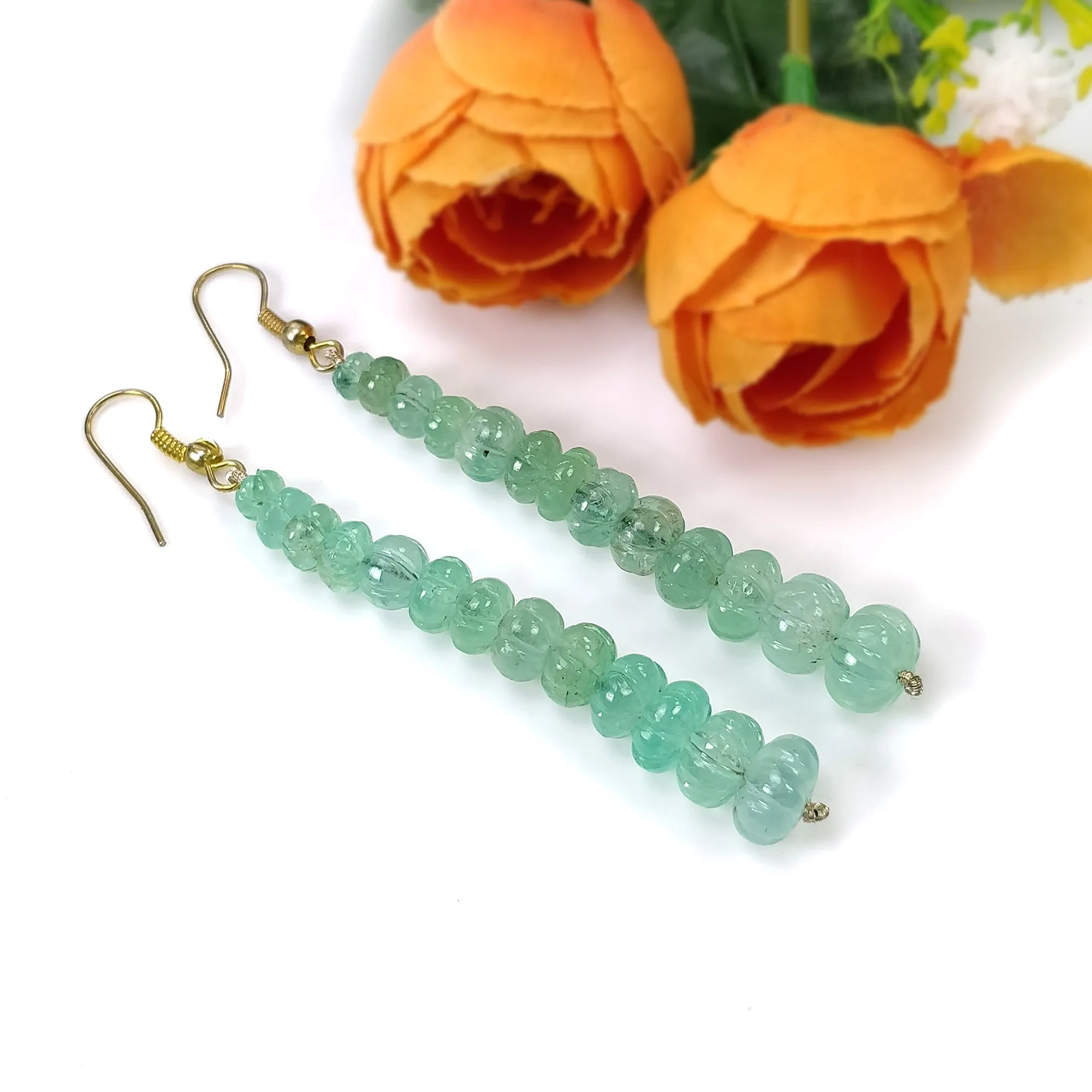 EMERALD Gemstone 925 Sterling Silver Beaded Earrings : 43.50gms Natural Untreated Emerald Melon Beads Hook Earrings 3.15"