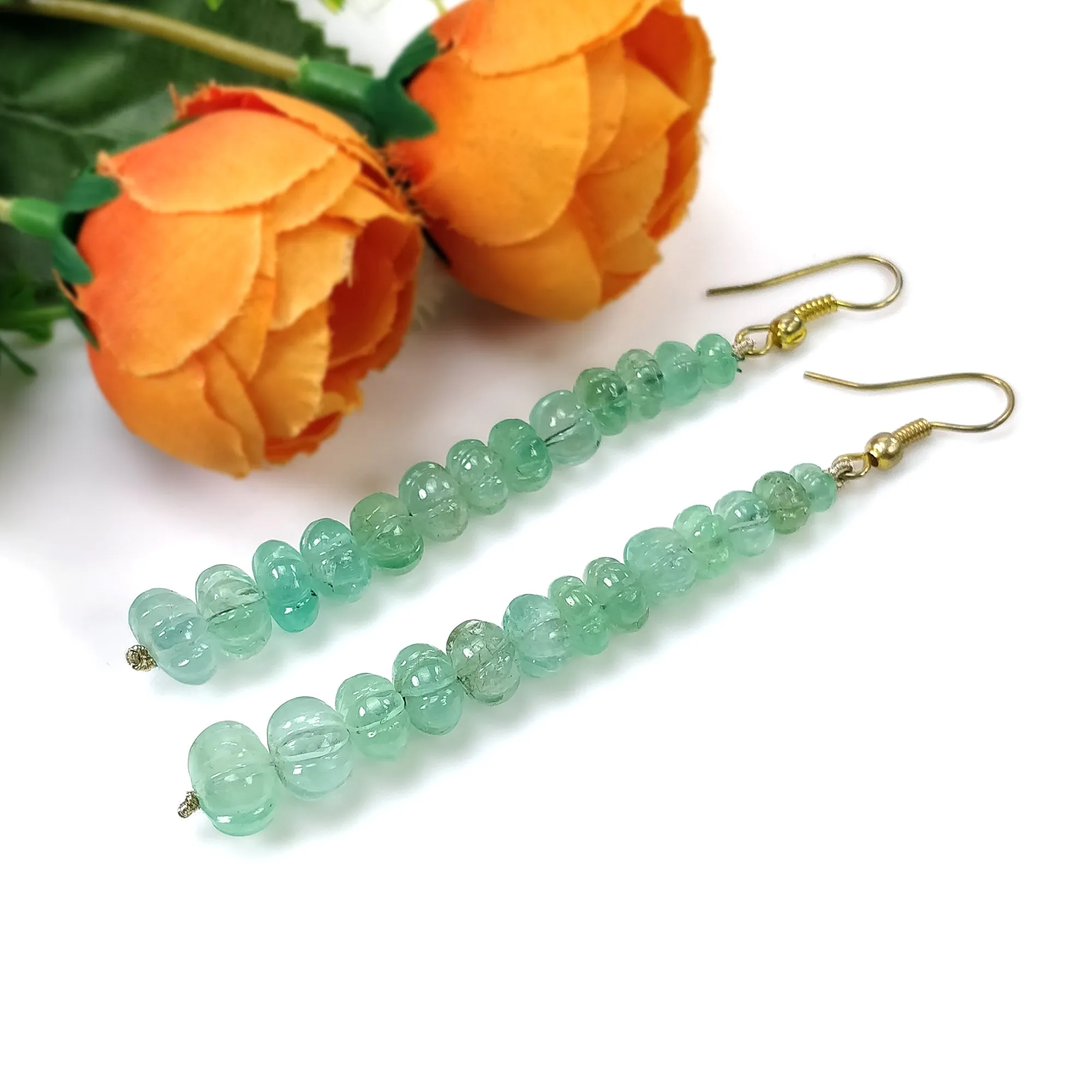 EMERALD Gemstone 925 Sterling Silver Beaded Earrings : 43.50gms Natural Untreated Emerald Melon Beads Hook Earrings 3.15"