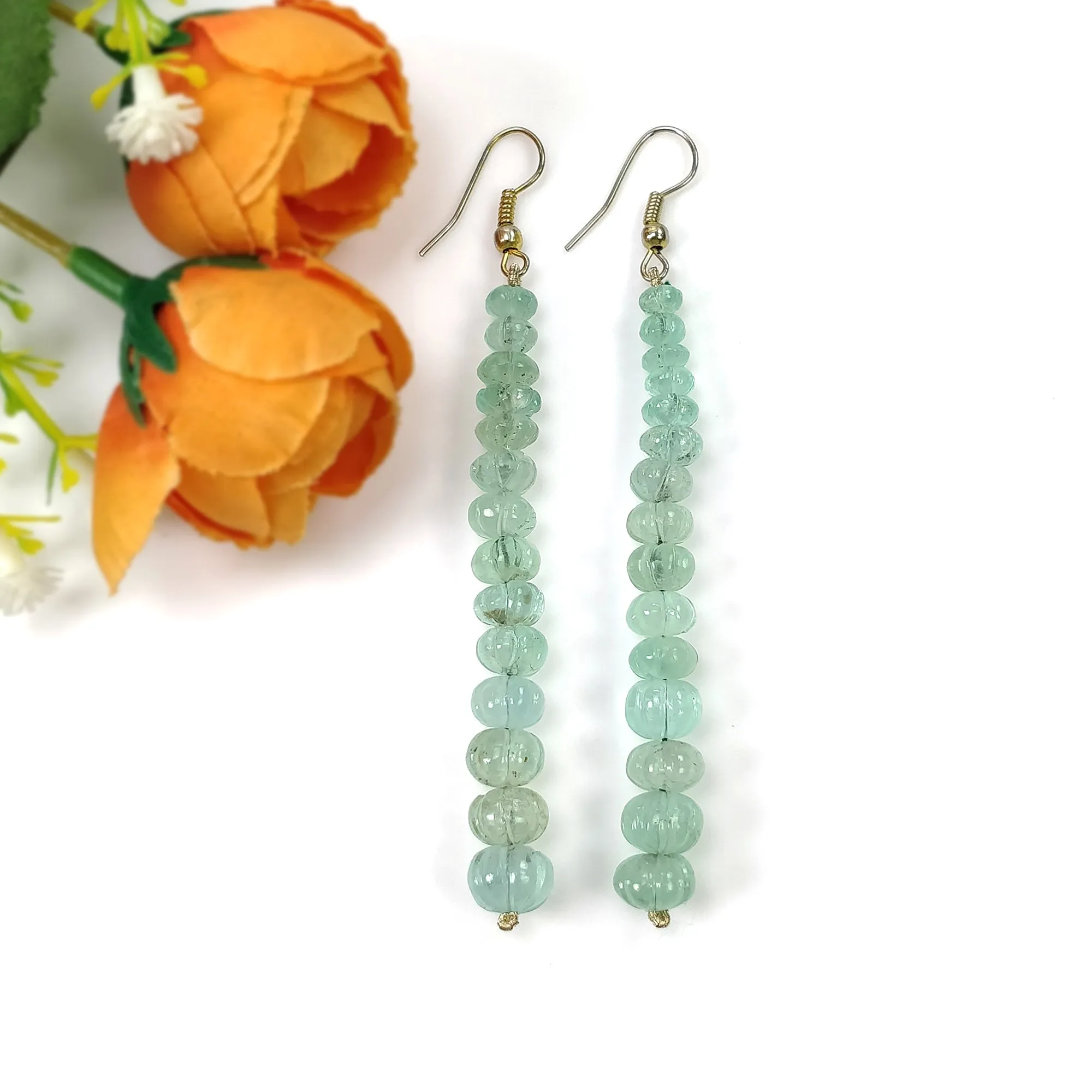 EMERALD Gemstone 925 Sterling Silver Beaded Earrings : 50.10gms Natural Untreated Emerald Melon Beads Hook Earrings 3.30"