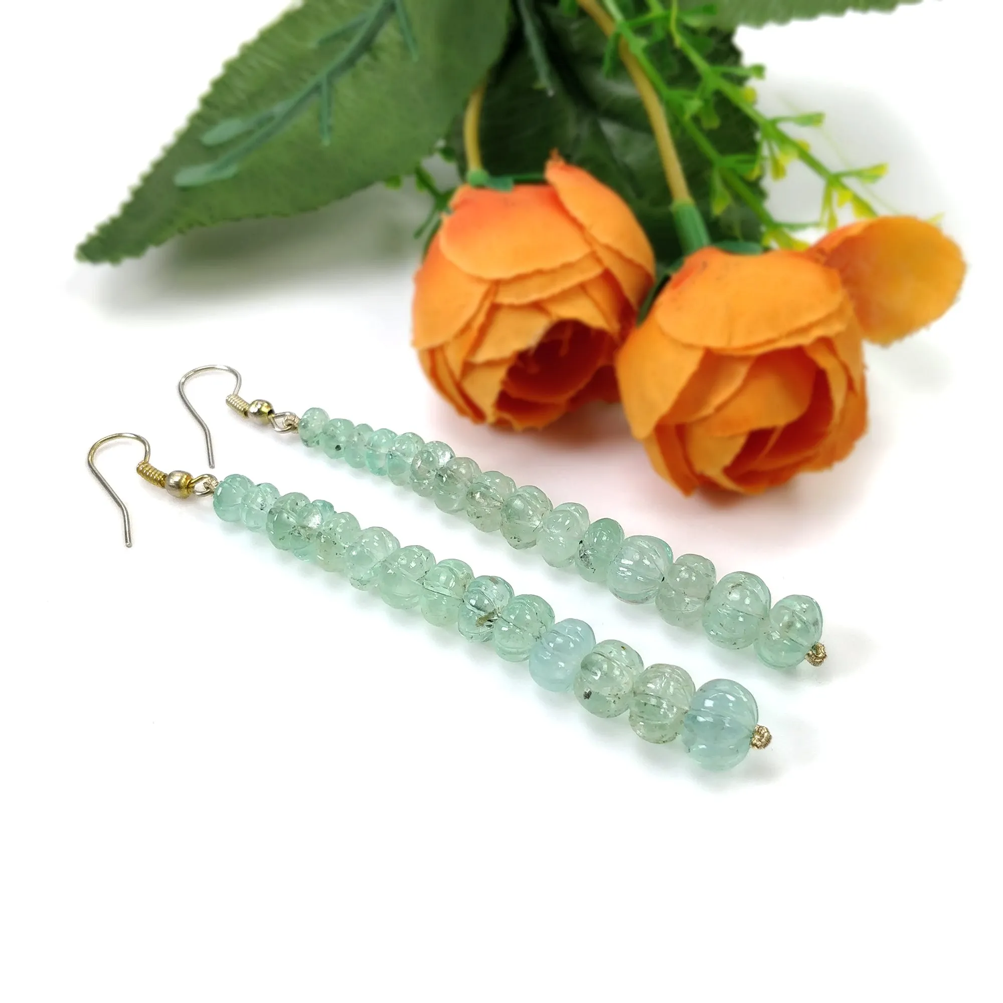 EMERALD Gemstone 925 Sterling Silver Beaded Earrings : 50.10gms Natural Untreated Emerald Melon Beads Hook Earrings 3.30"