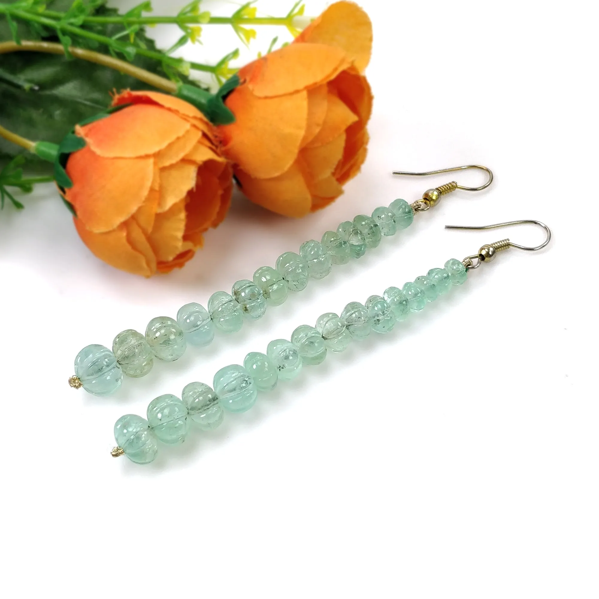 EMERALD Gemstone 925 Sterling Silver Beaded Earrings : 50.10gms Natural Untreated Emerald Melon Beads Hook Earrings 3.30"