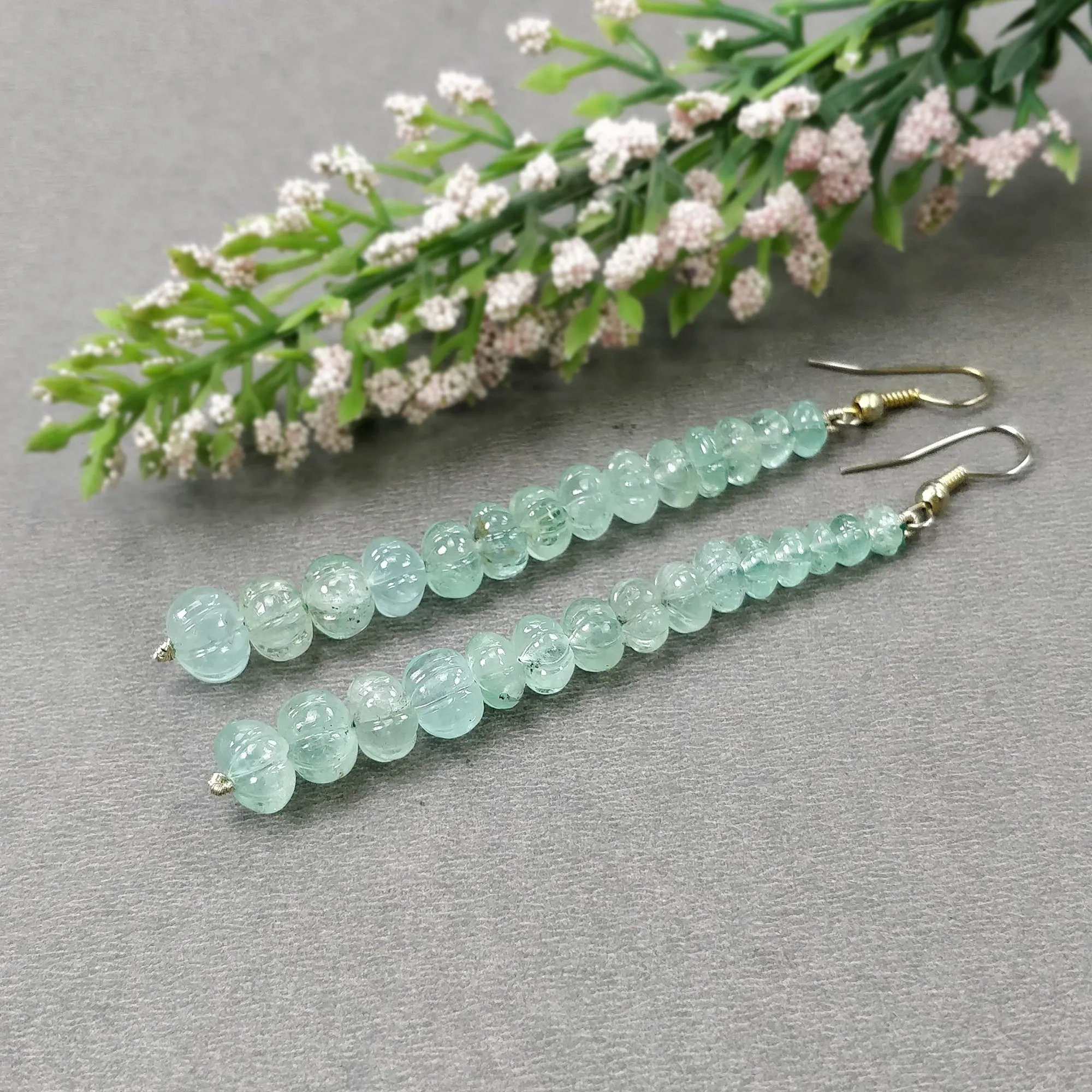 EMERALD Gemstone 925 Sterling Silver Beaded Earrings : 50.10gms Natural Untreated Emerald Melon Beads Hook Earrings 3.30"