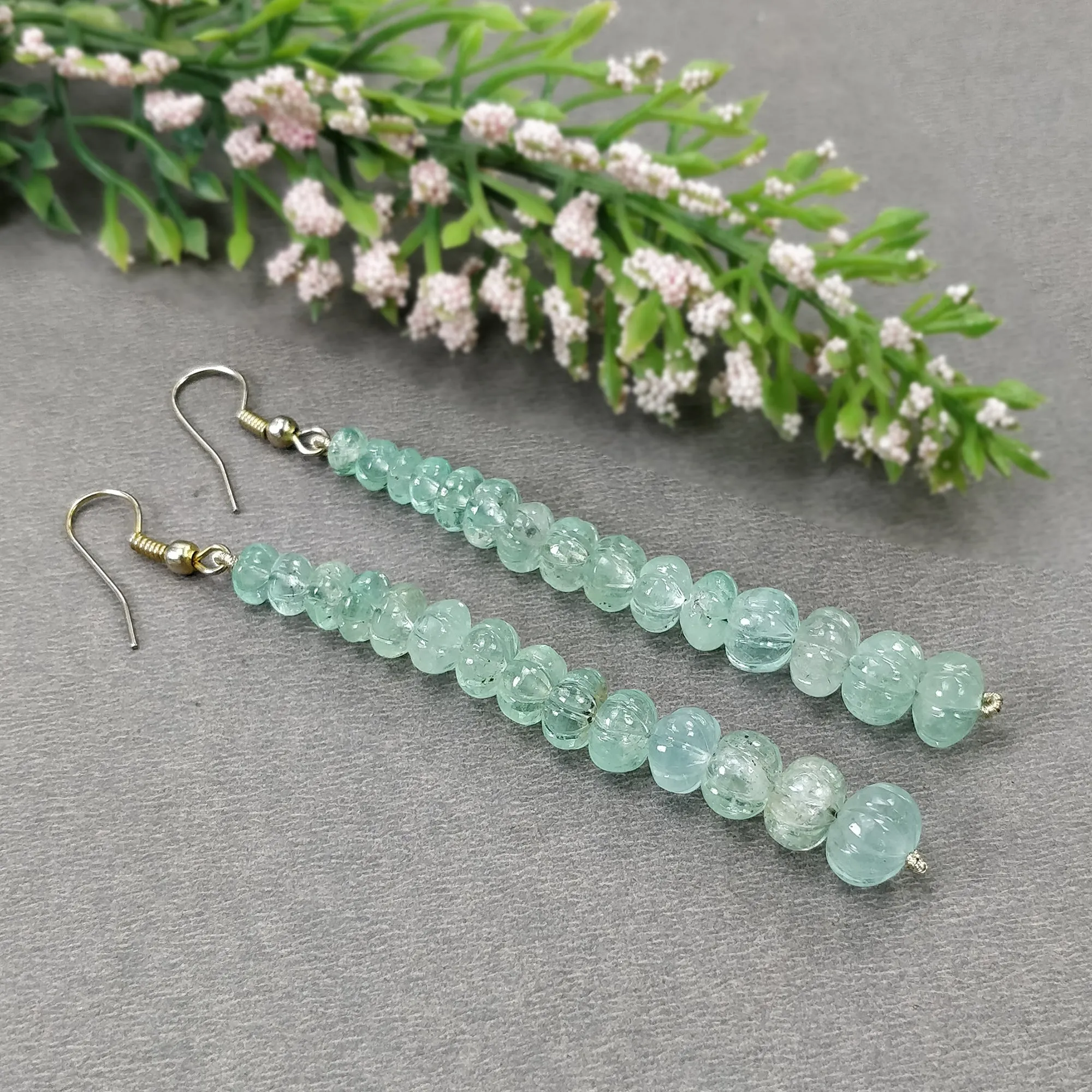 EMERALD Gemstone 925 Sterling Silver Beaded Earrings : 50.10gms Natural Untreated Emerald Melon Beads Hook Earrings 3.30"