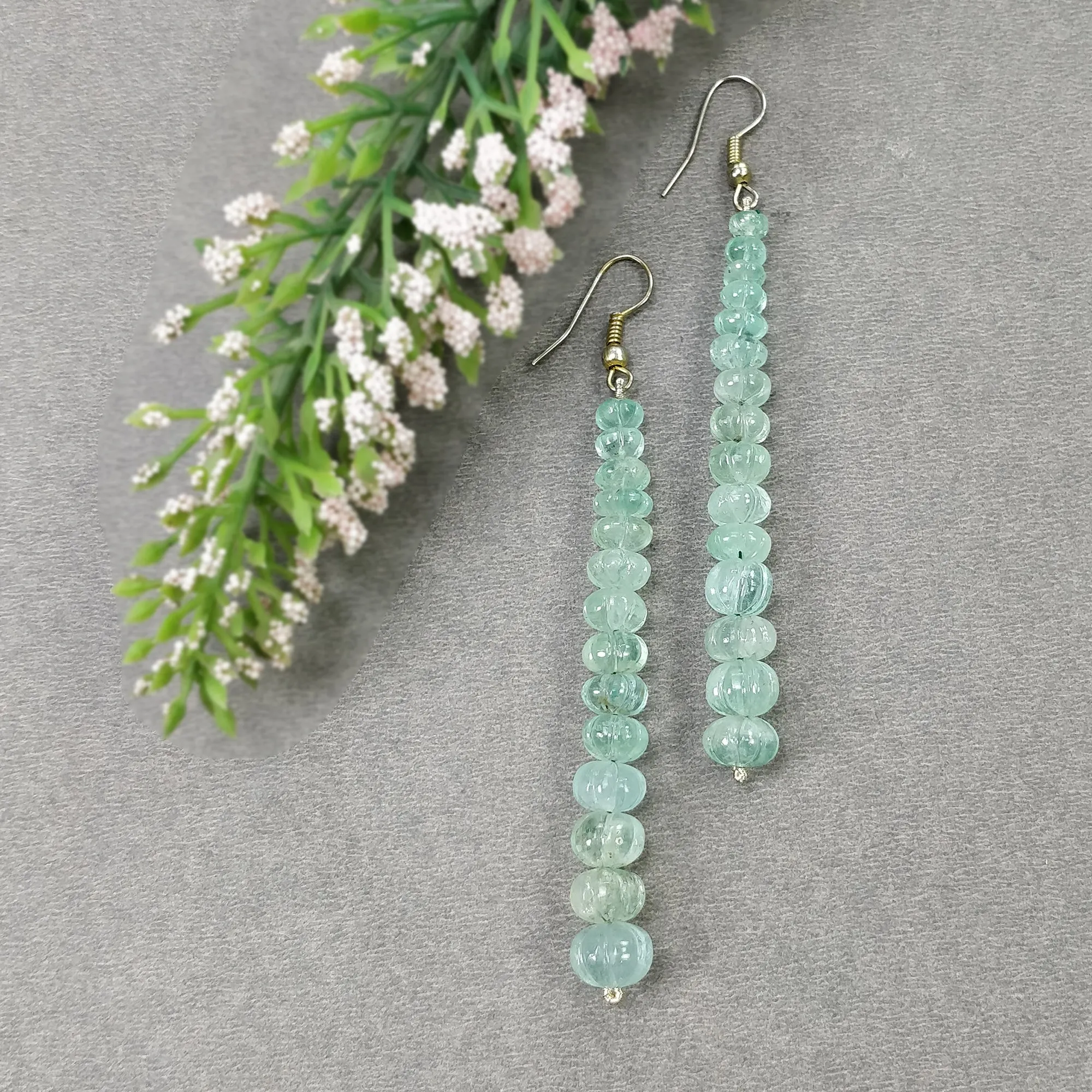 EMERALD Gemstone 925 Sterling Silver Beaded Earrings : 50.10gms Natural Untreated Emerald Melon Beads Hook Earrings 3.30"