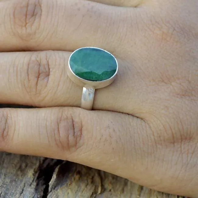 Emerald Green Oval Silver Ring, 925 Sterling Silver, May Birthstone, Handmade Jewelry, Emerald Jewelry