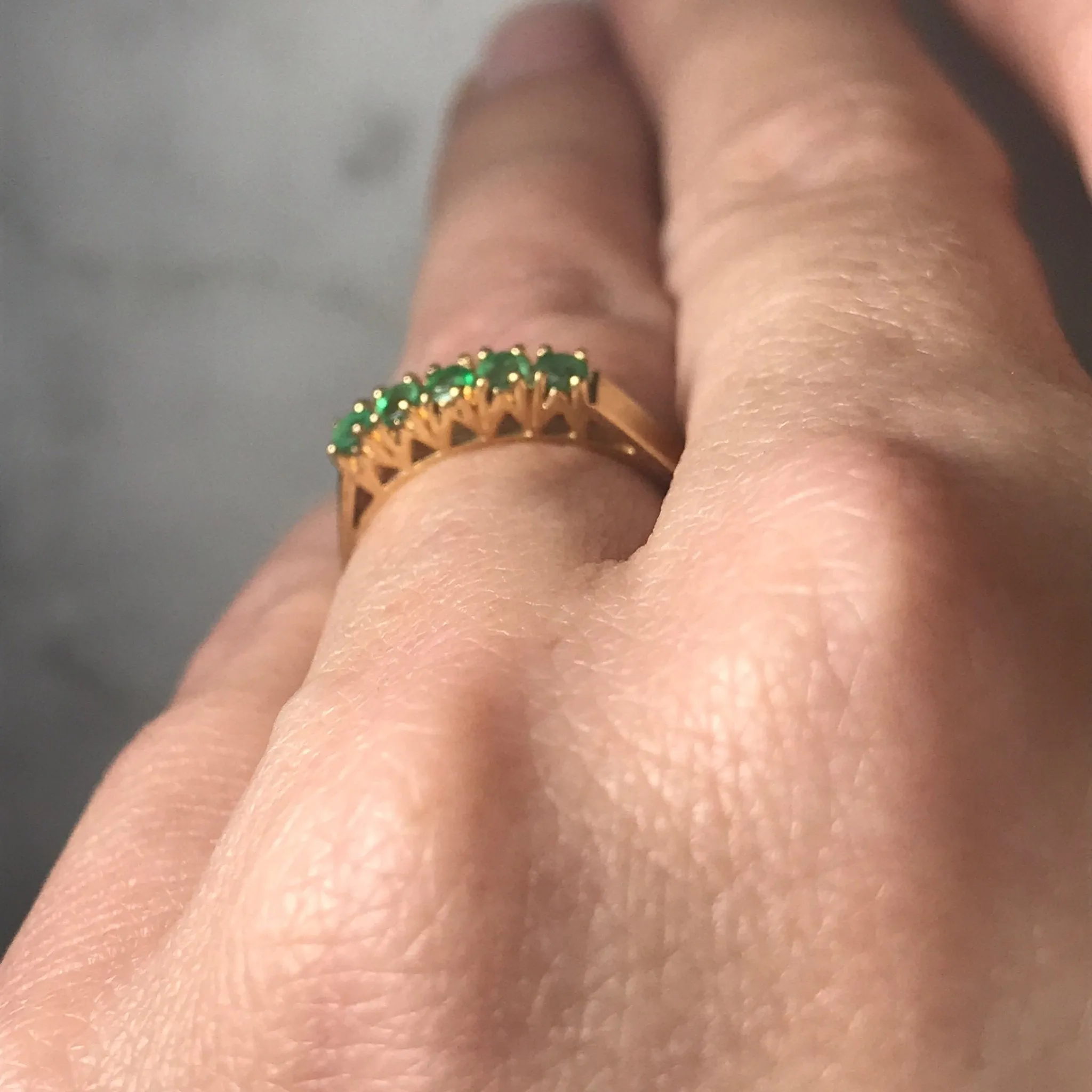 Emerald Wedding Band or Stacking Ring in 14K Yellow Gold. Estate Jewelry. May Birthstone.