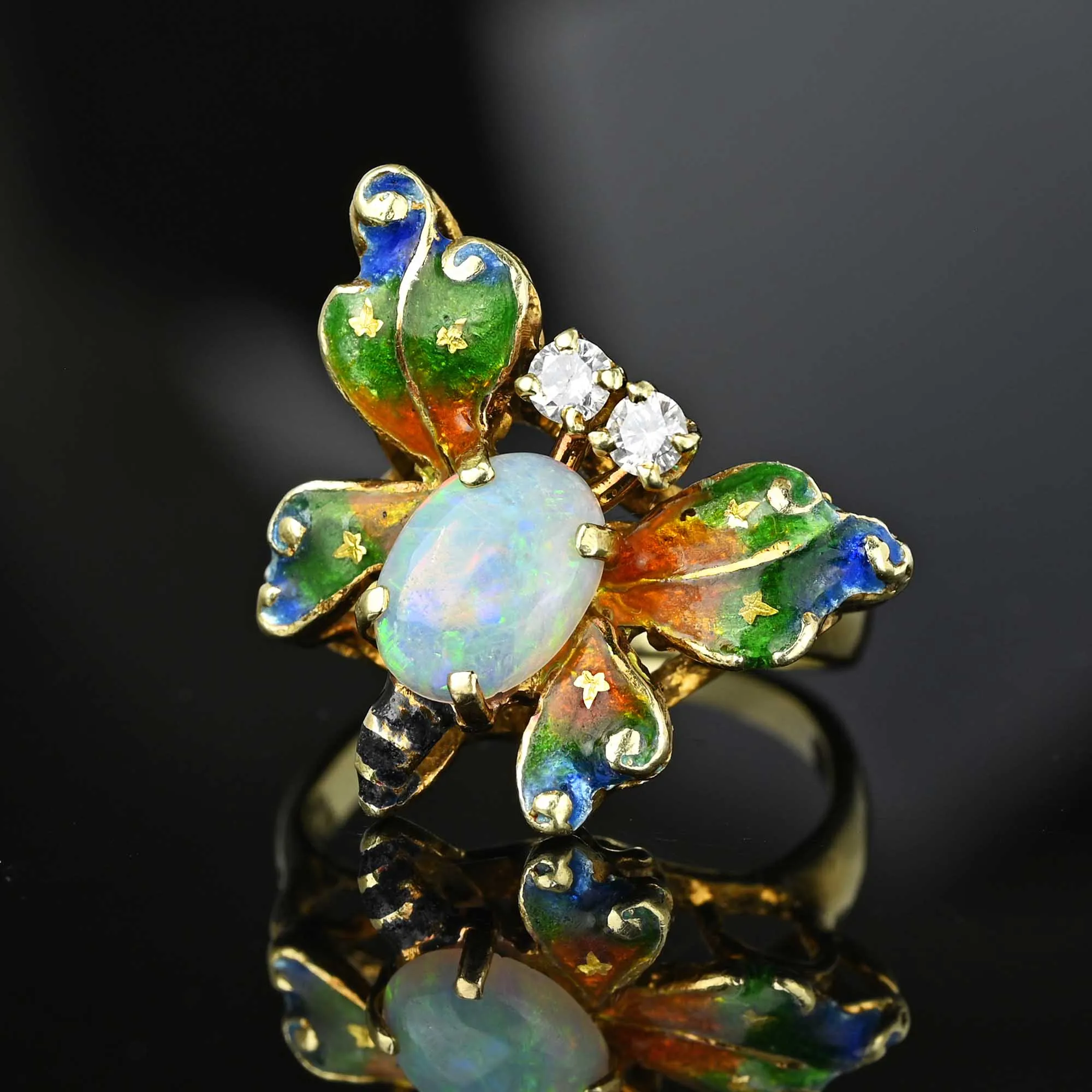 Fine 14K Gold Diamond Opal Enamel Butterfly Ring