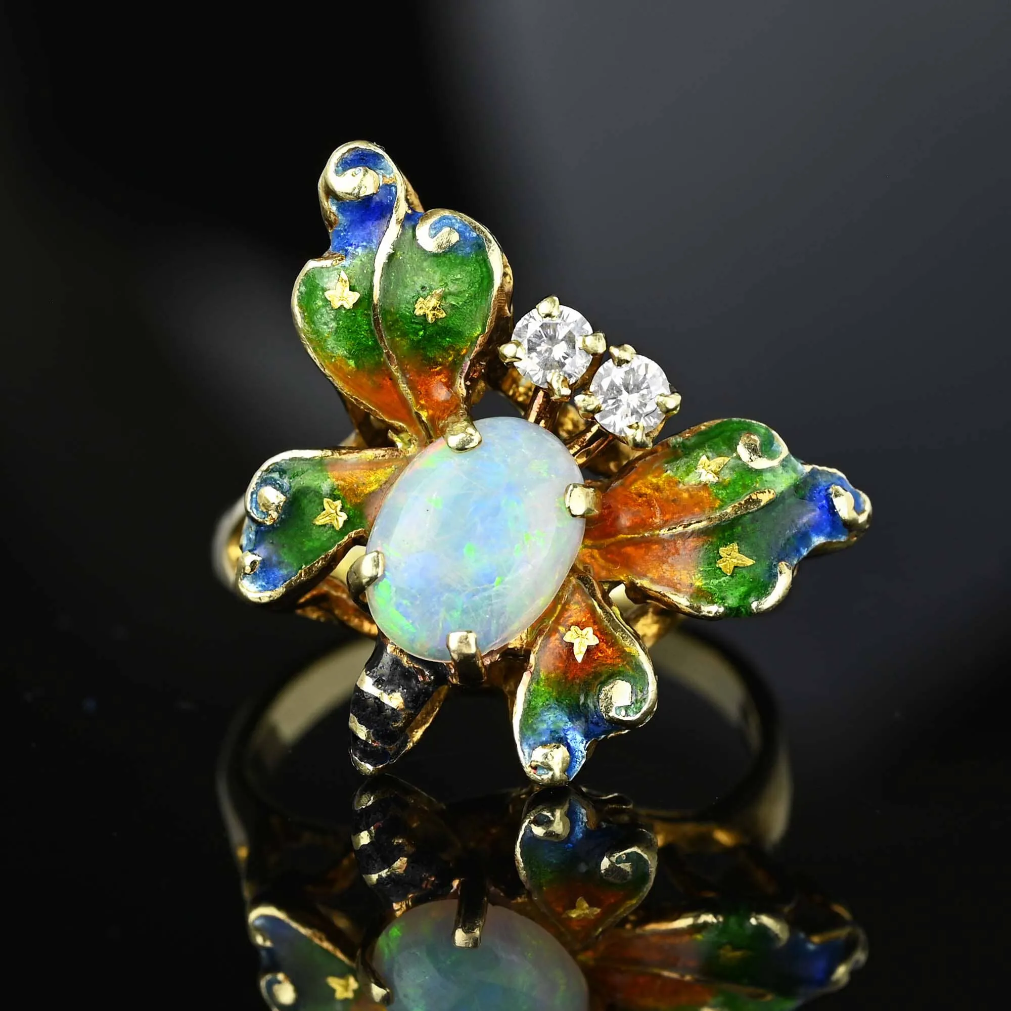 Fine 14K Gold Diamond Opal Enamel Butterfly Ring