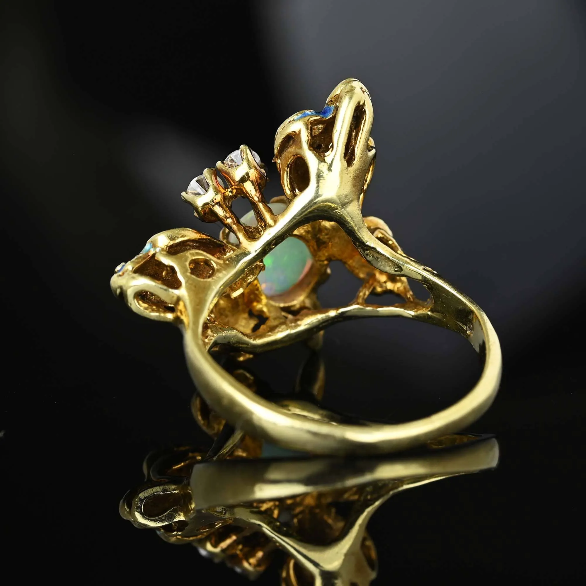 Fine 14K Gold Diamond Opal Enamel Butterfly Ring