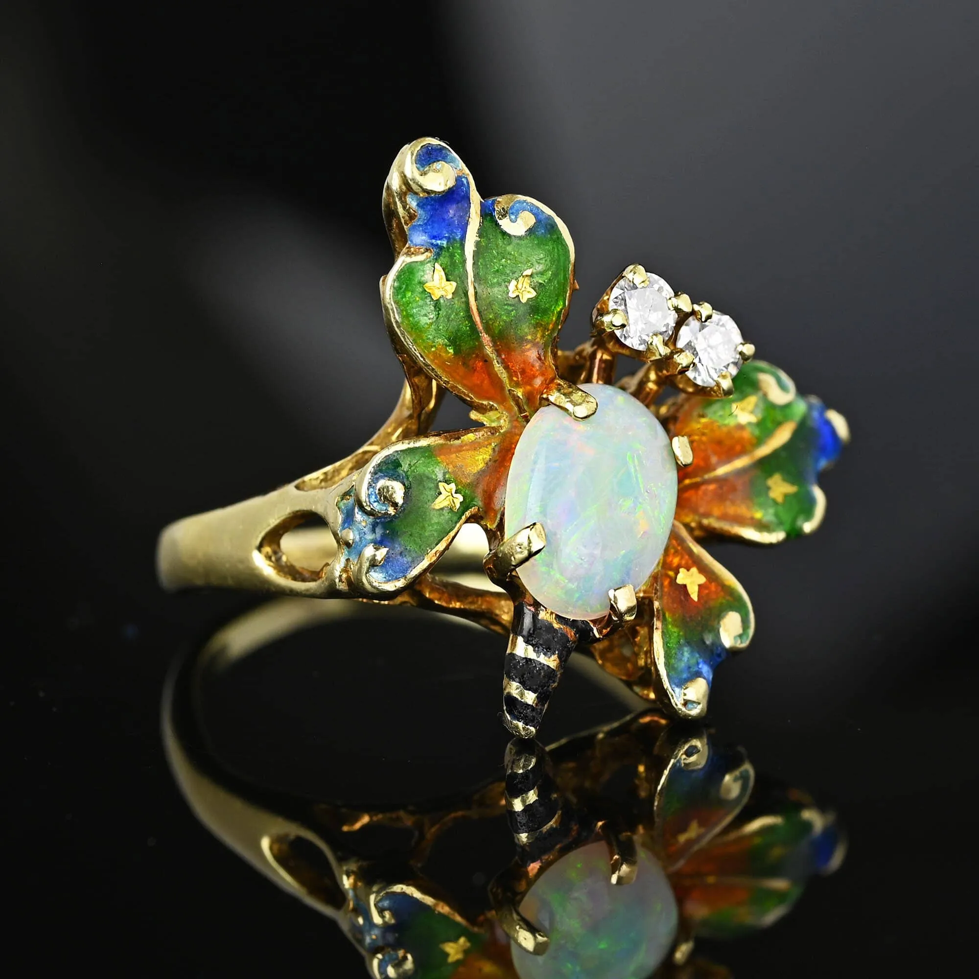 Fine 14K Gold Diamond Opal Enamel Butterfly Ring