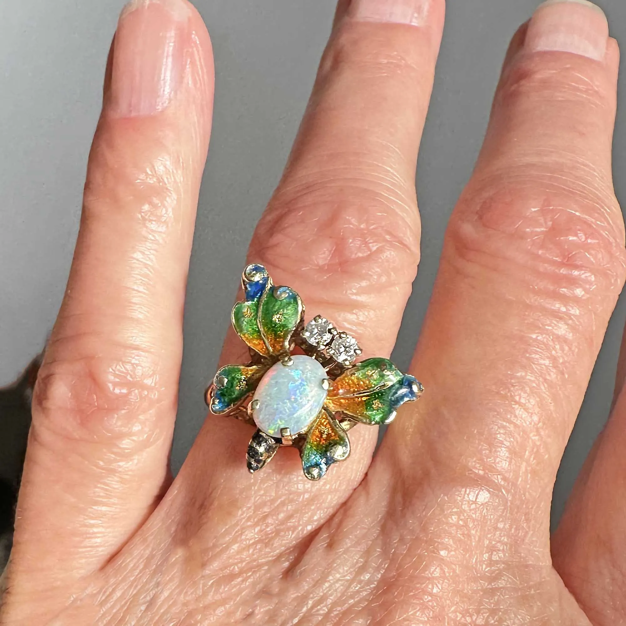 Fine 14K Gold Diamond Opal Enamel Butterfly Ring