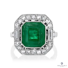 Fine Art Deco 5.50ctw GIA Green Emerald and Diamond Platinum Ring