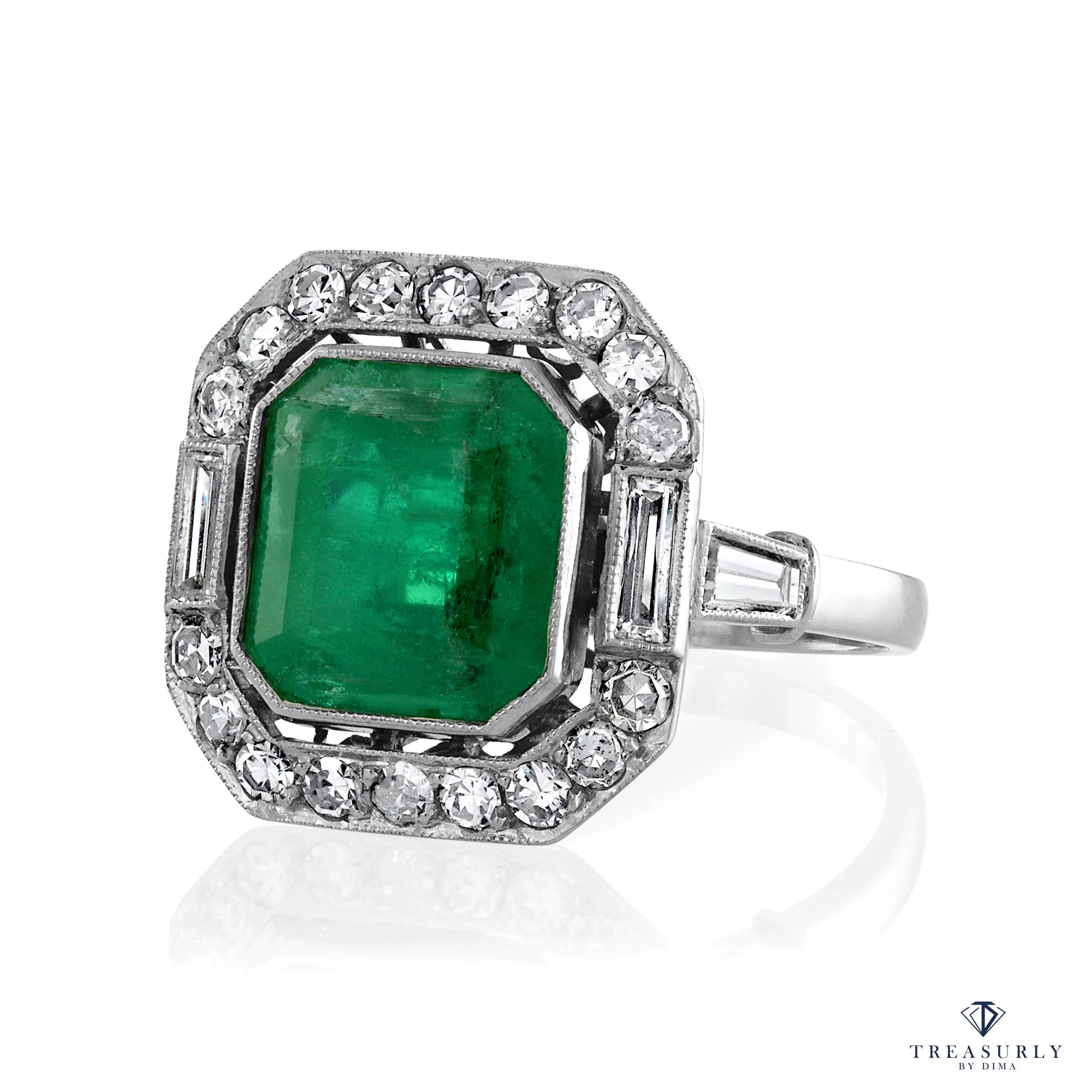 Fine Art Deco 5.50ctw GIA Green Emerald and Diamond Platinum Ring