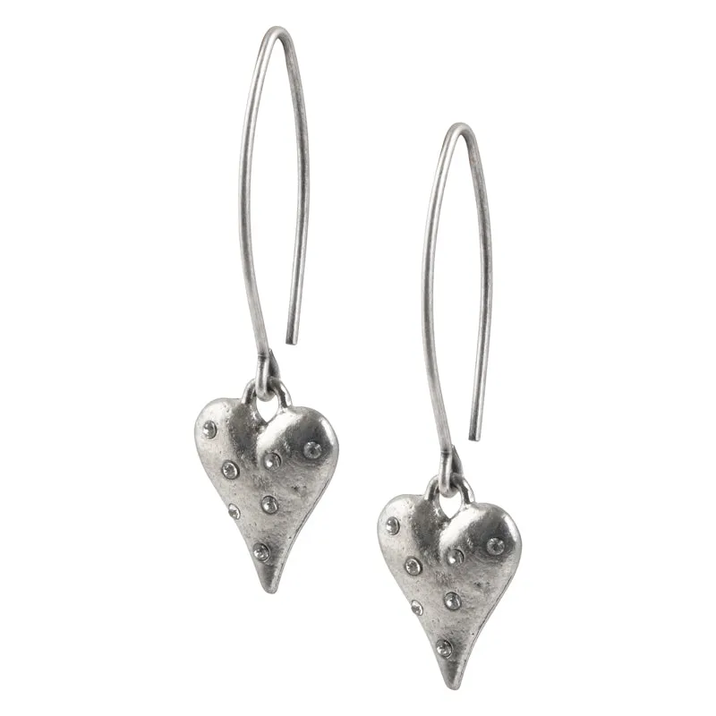 Finished Jewelry-Heart Charm With Crystals-Open Oval Mini Ear Wire Hook Earrings-Antique Silver-One Pair